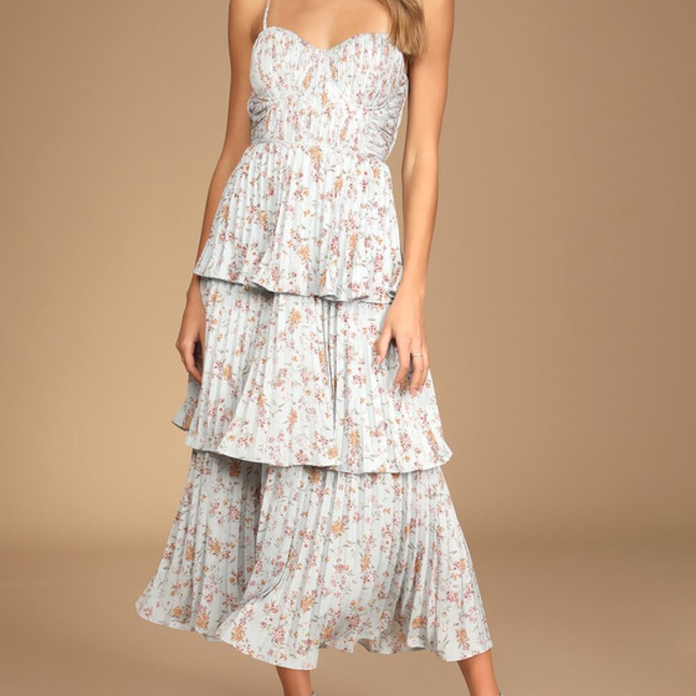 Lulus Cascading Crush Pale Blue Floral Print Tiered Bustier Midi Dress - Size S